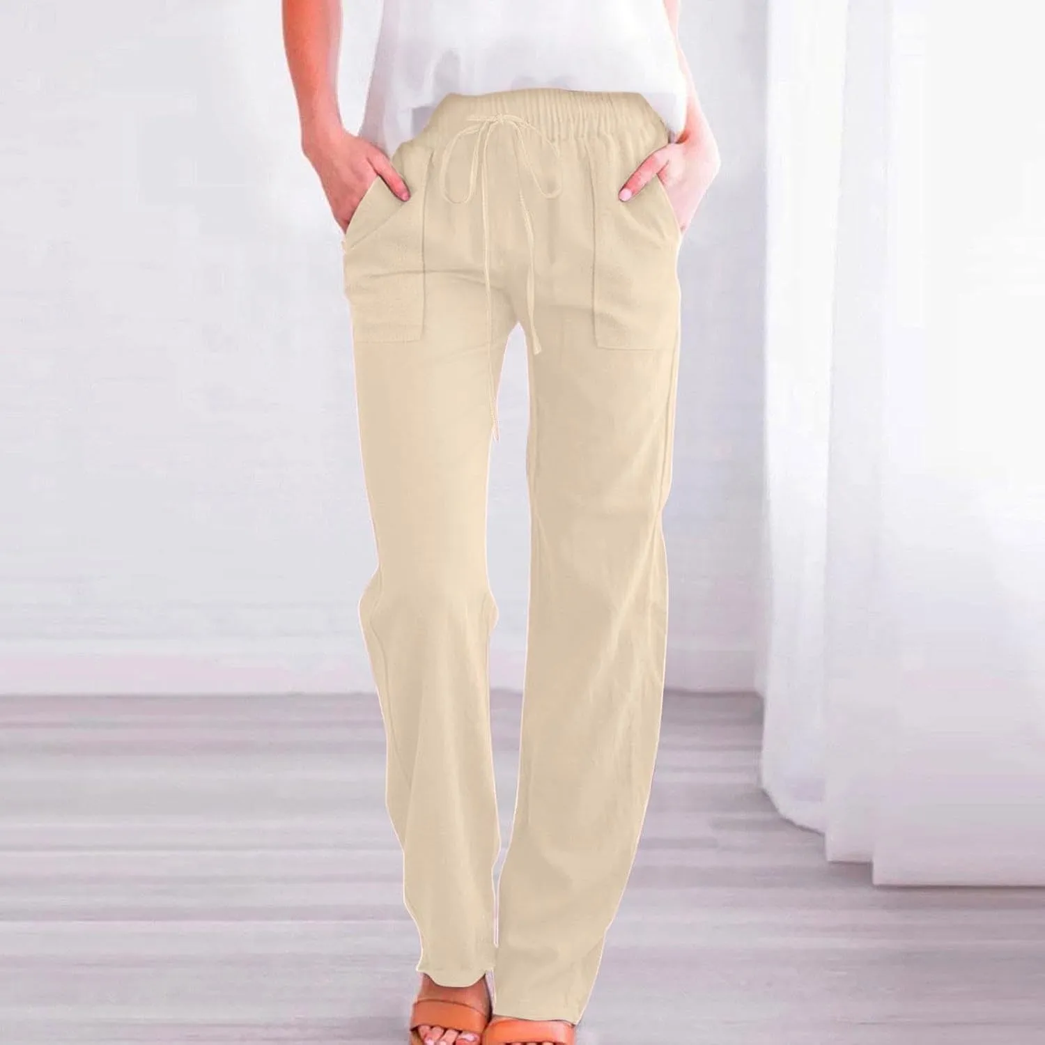 Women Cotton Linen Pants Casual Summer High Waist Drawstring Straight Leg Trousers Relax Fit Lightweight Sport Pants