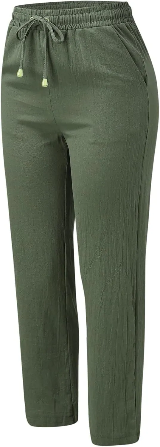 Women Cotton Linen Summer Boho Pants High Waist Straight Slim-Fit Pant Trousers Work Business