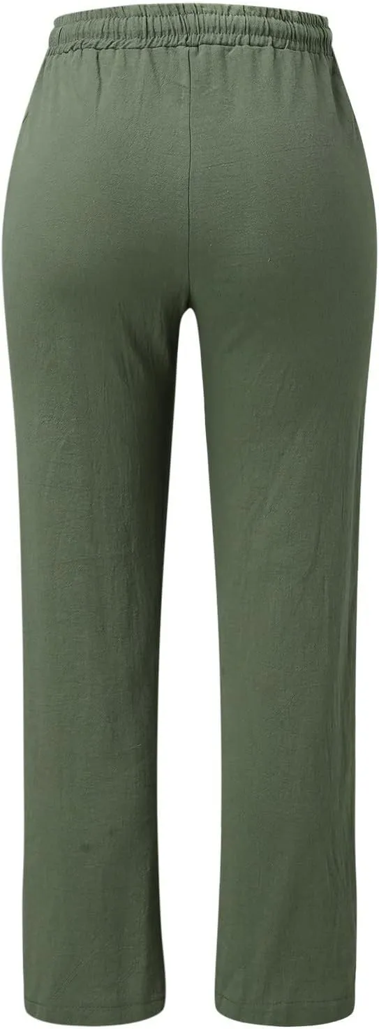 Women Cotton Linen Summer Boho Pants High Waist Straight Slim-Fit Pant Trousers Work Business