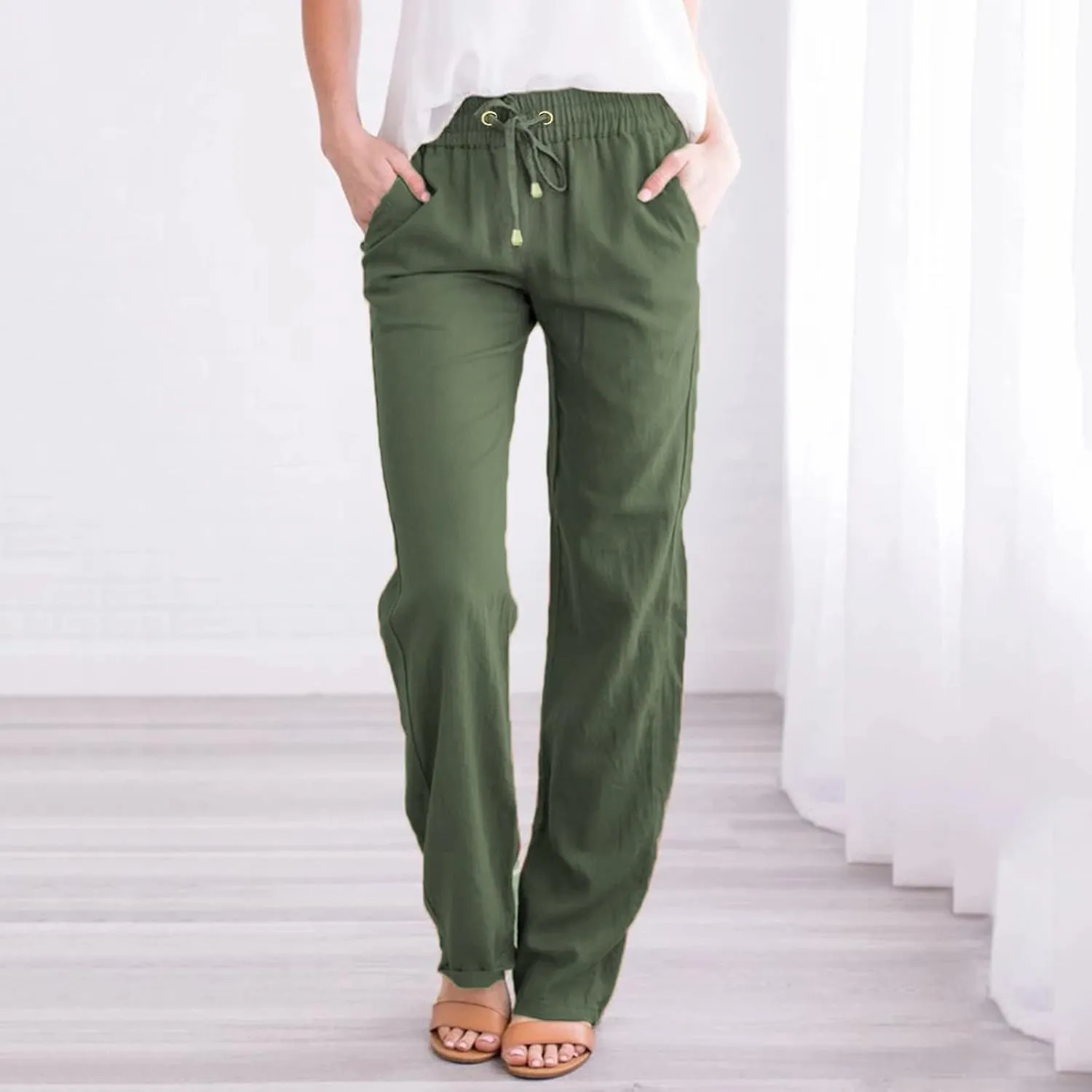 Women Cotton Linen Summer Boho Pants High Waist Straight Slim-Fit Pant Trousers Work Business