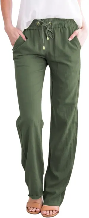 Women Cotton Linen Summer Boho Pants High Waist Straight Slim-Fit Pant Trousers Work Business