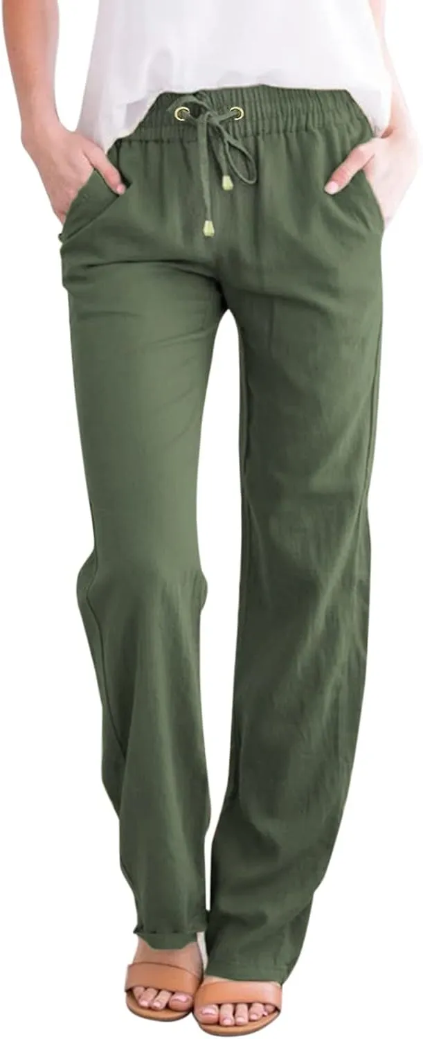 Women Cotton Linen Summer Boho Pants High Waist Straight Slim-Fit Pant Trousers Work Business