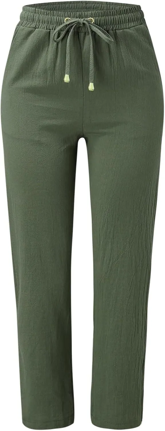 Women Cotton Linen Summer Boho Pants High Waist Straight Slim-Fit Pant Trousers Work Business