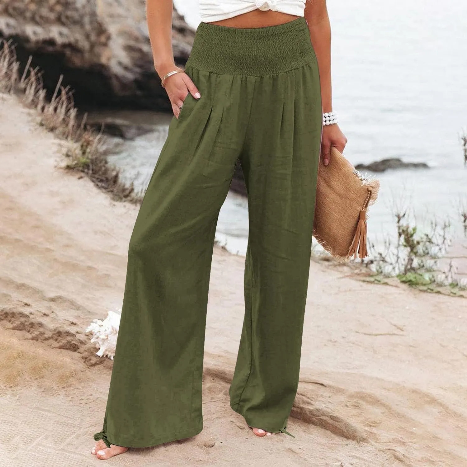 Women Cotton Linen Summer Y2K Fashion Pants Low Waist Bootcut Slim-Fit Pant Trousers Beach