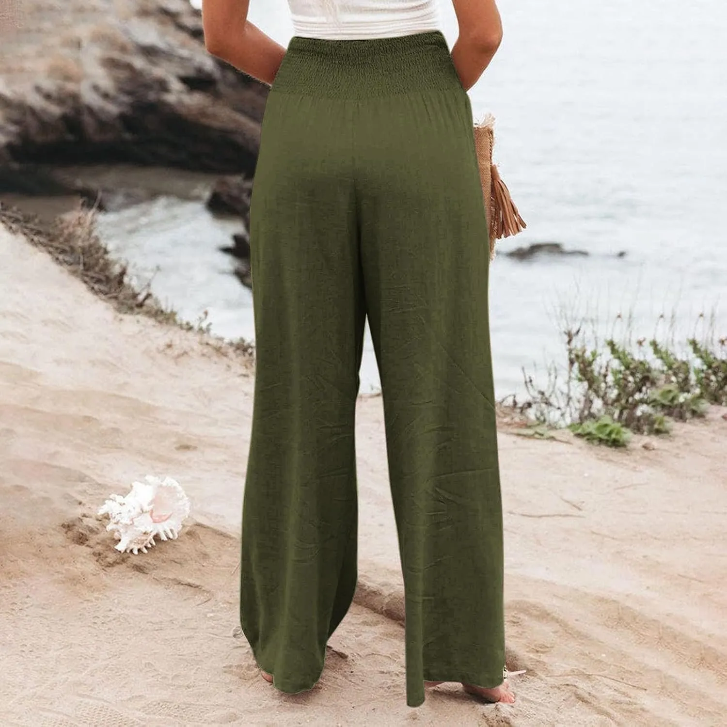 Women Cotton Linen Summer Y2K Fashion Pants Low Waist Bootcut Slim-Fit Pant Trousers Beach