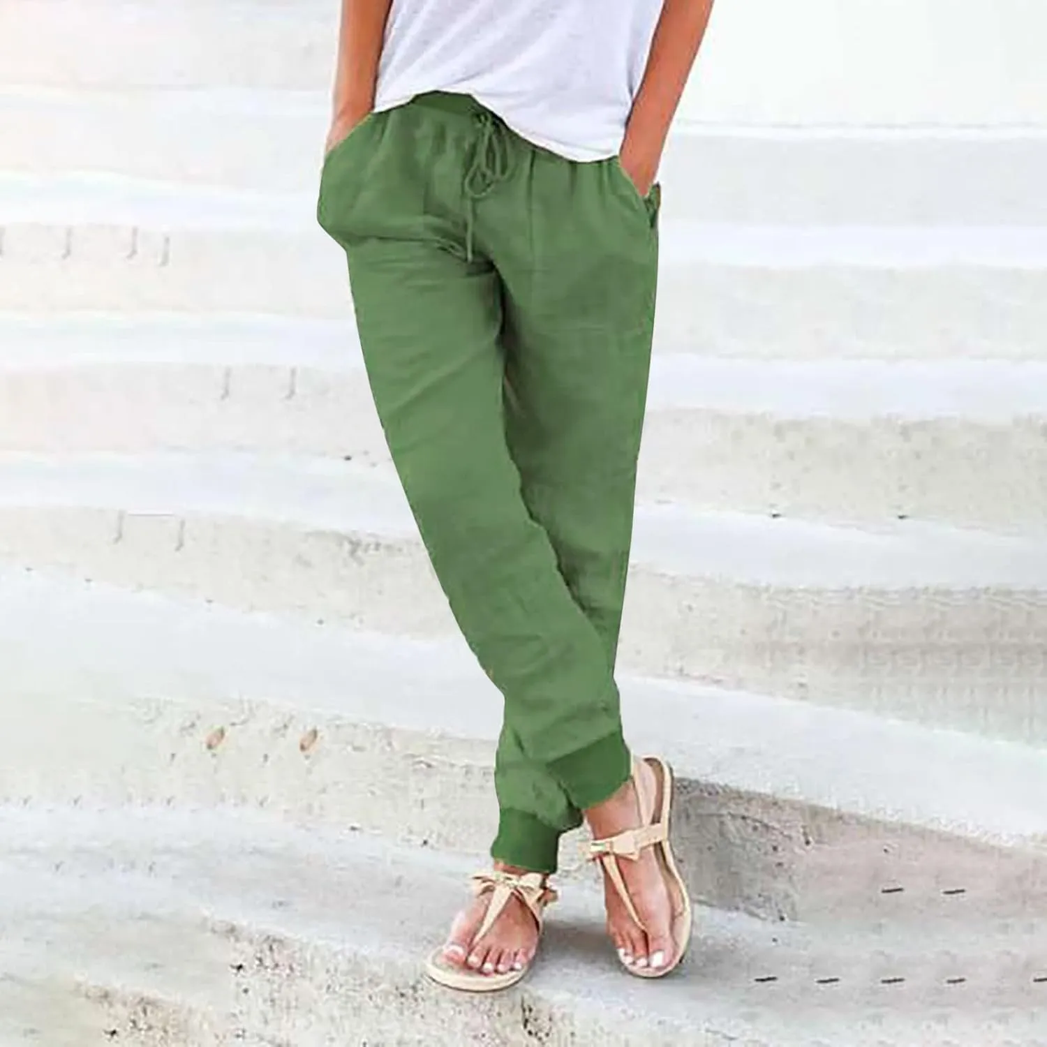 Women Cotton Linen Tapered Pants Drawstring Elastic High Waist Trousers Casual Summer Plus Size Joggers with Pockets