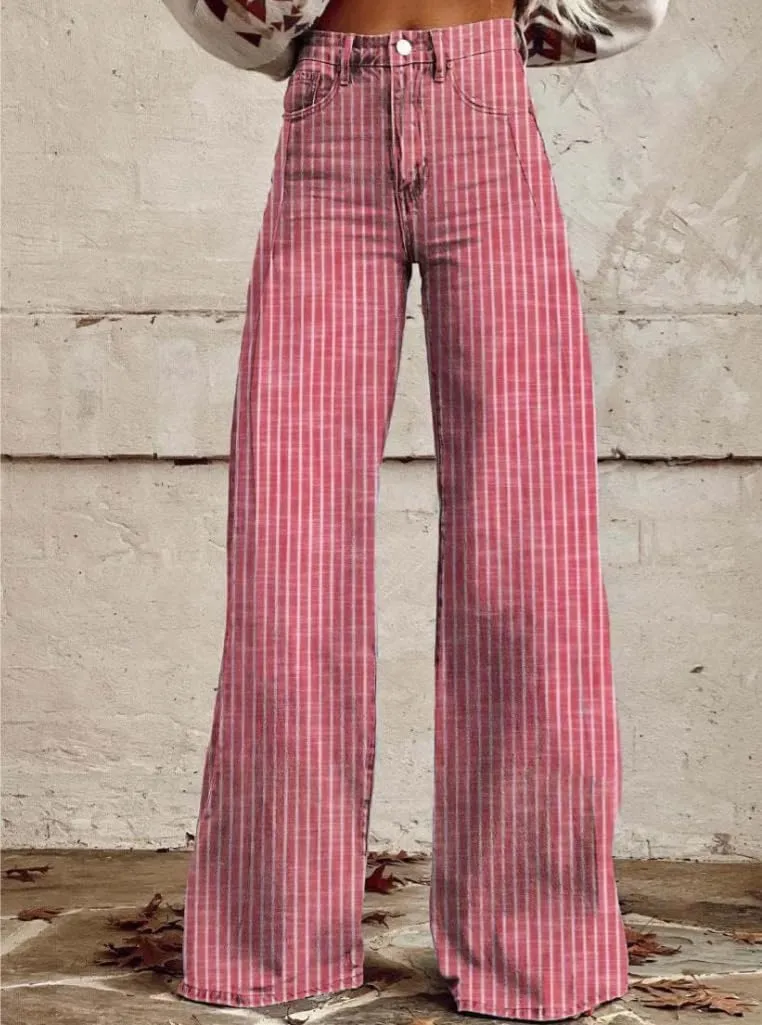 Women Fashion Striped Jeans Y2k High Waist Wide Leg Denim Pants Casual Baggy Boyfriend Trousers with Pockets
