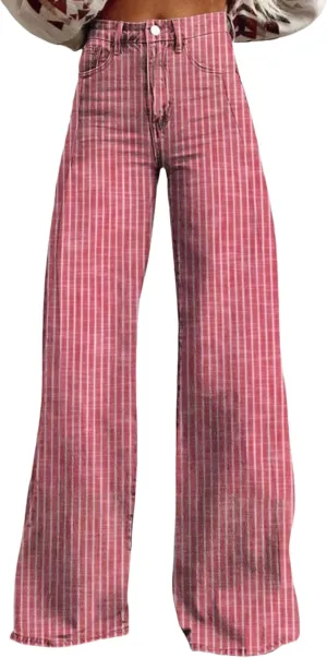 Women Fashion Striped Jeans Y2k High Waist Wide Leg Denim Pants Casual Baggy Boyfriend Trousers with Pockets