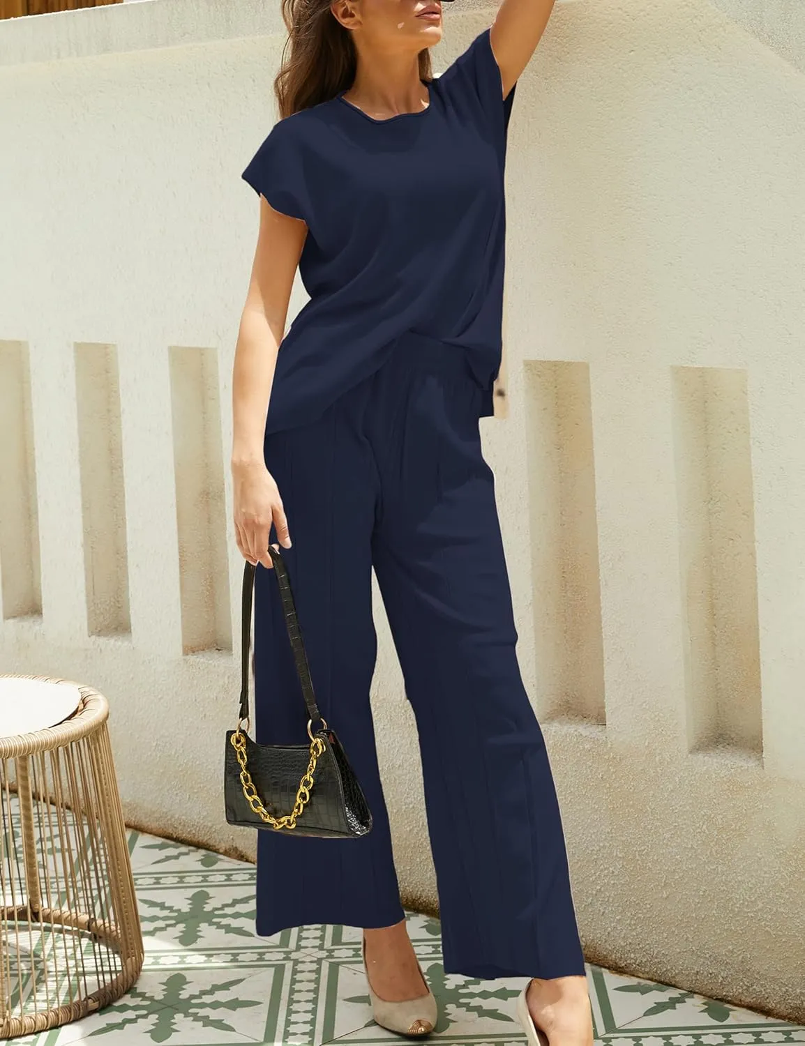 Women Knit 2 Piece Sweater Sets Pullover Tops High Waist Wide Leg Pants Lounge Set