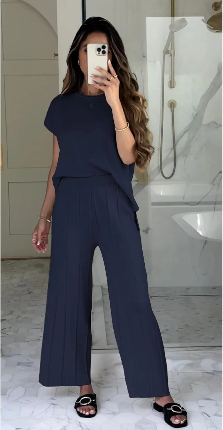 Women Knit 2 Piece Sweater Sets Pullover Tops High Waist Wide Leg Pants Lounge Set