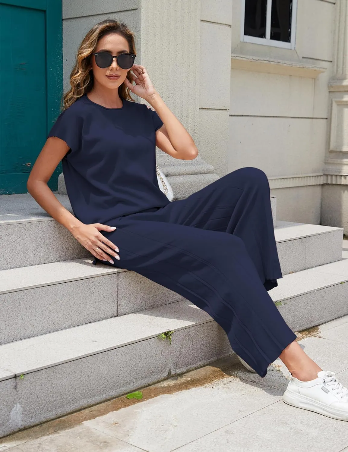 Women Knit 2 Piece Sweater Sets Pullover Tops High Waist Wide Leg Pants Lounge Set
