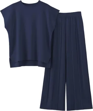 Women Knit 2 Piece Sweater Sets Pullover Tops High Waist Wide Leg Pants Lounge Set