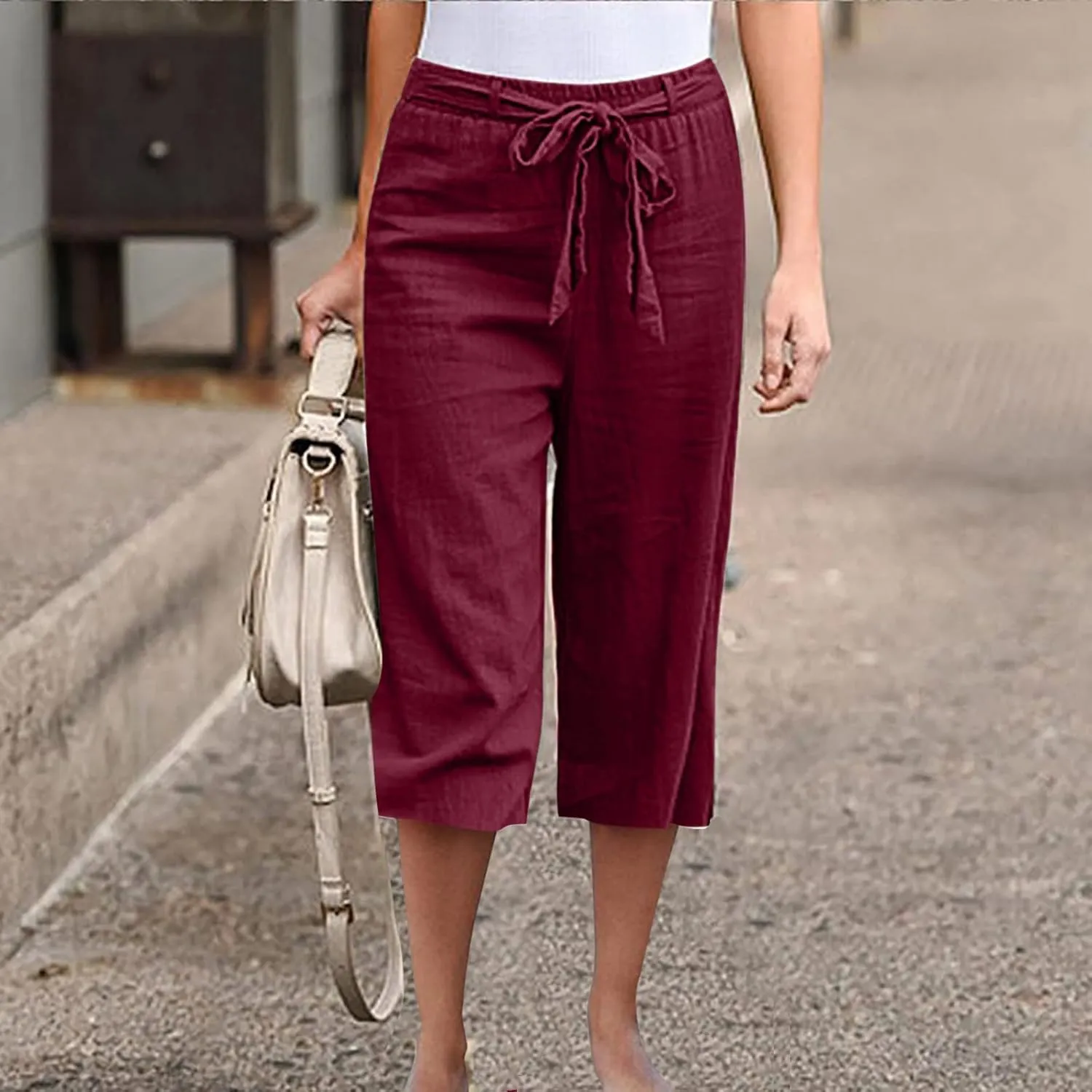 Women Linen Blend Summer Loose Flowy Palazzo Pants High Waist Bootcut Slim-Fit Palazzo Lounge Pants Travel