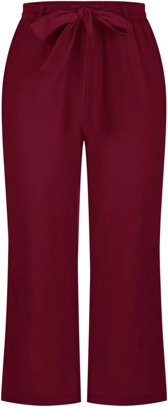 Women Linen Blend Summer Loose Flowy Palazzo Pants High Waist Bootcut Slim-Fit Palazzo Lounge Pants Travel