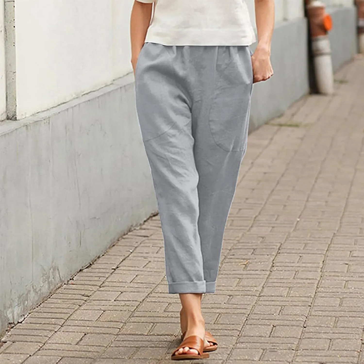 Women Linen Blend Summer Print Pants Elastic Waisted Straight Slim Fit Pant Trousers Work Business