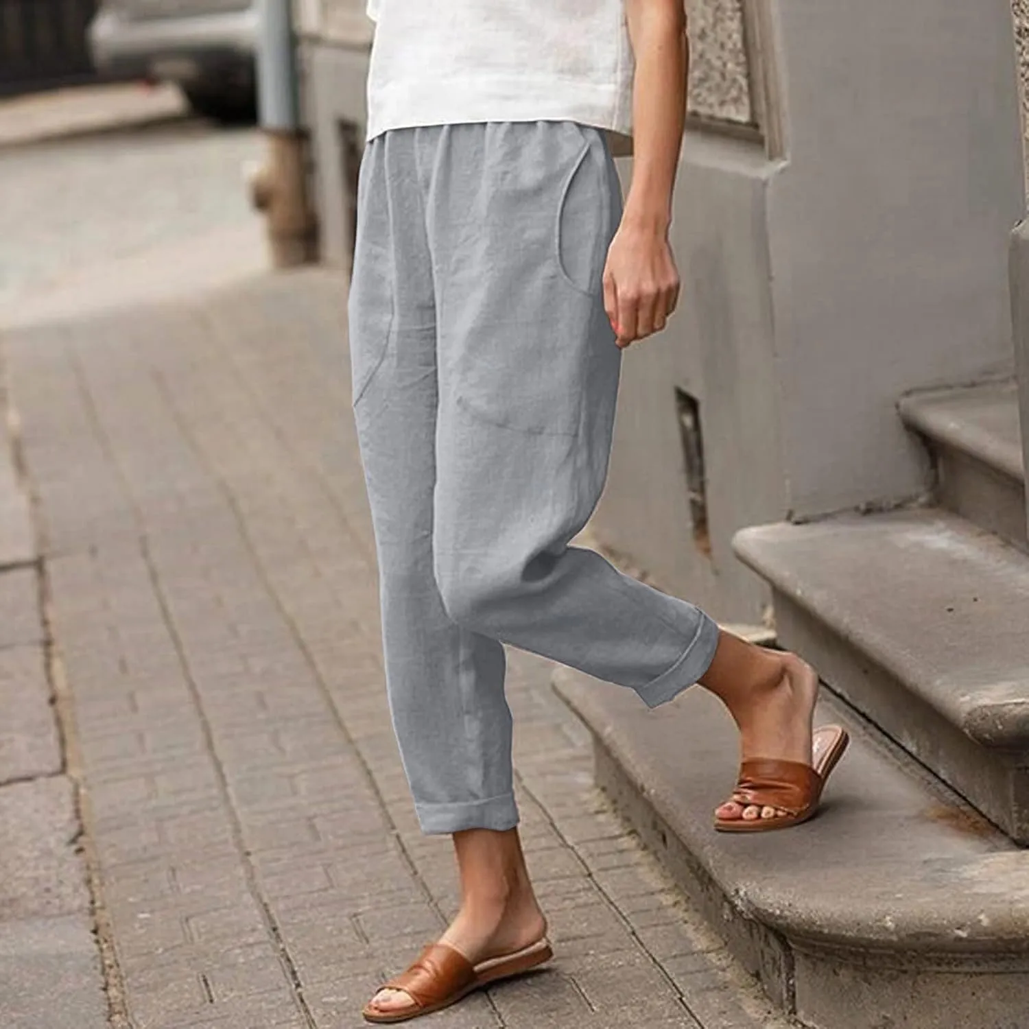 Women Linen Blend Summer Print Pants Elastic Waisted Straight Slim Fit Pant Trousers Work Business