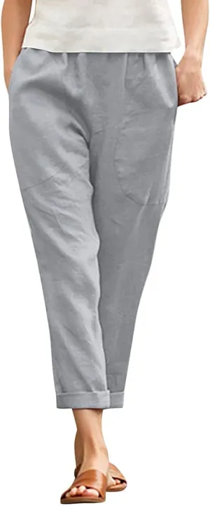 Women Linen Blend Summer Print Pants Elastic Waisted Straight Slim Fit Pant Trousers Work Business