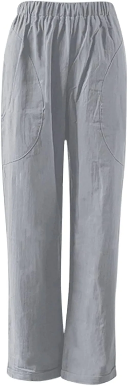 Women Linen Blend Summer Print Pants Elastic Waisted Straight Slim Fit Pant Trousers Work Business