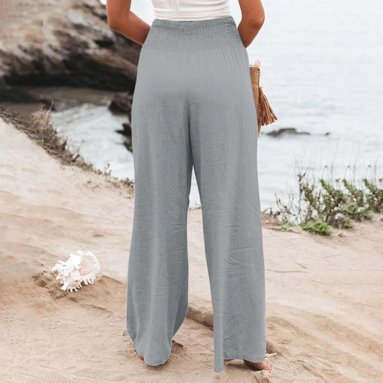Women Linen Palazzo Summer Wide Leg High Waisted Casual Pants Beach Travel Vacation Plus Size Trousers with Pockets