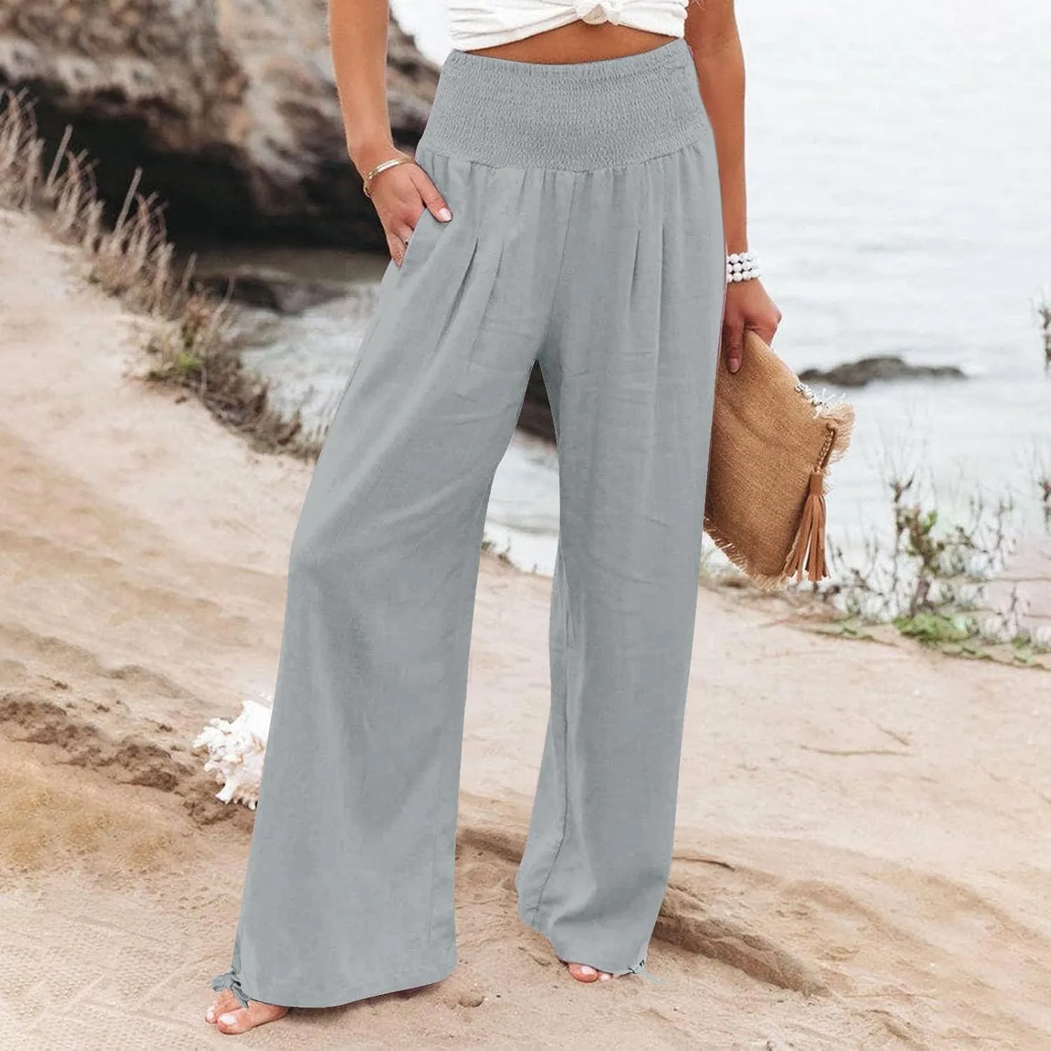 Women Linen Palazzo Summer Wide Leg High Waisted Casual Pants Beach Travel Vacation Plus Size Trousers with Pockets