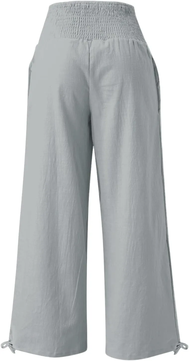 Women Linen Palazzo Summer Wide Leg High Waisted Casual Pants Beach Travel Vacation Plus Size Trousers with Pockets