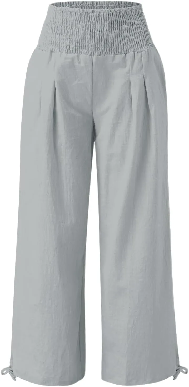 Women Linen Palazzo Summer Wide Leg High Waisted Casual Pants Beach Travel Vacation Plus Size Trousers with Pockets