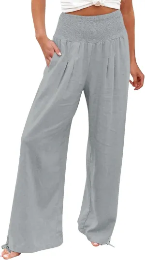 Women Linen Palazzo Summer Wide Leg High Waisted Casual Pants Beach Travel Vacation Plus Size Trousers with Pockets