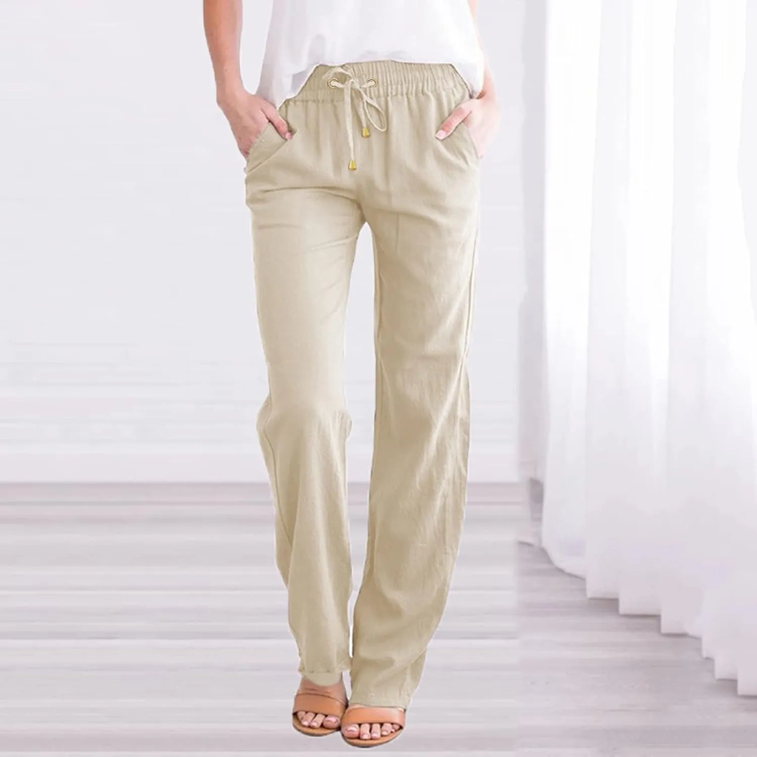 Women Linen Summer Breathable Palazzo Pants Low Waist Bootcut Slim-Fit Pants Business Work
