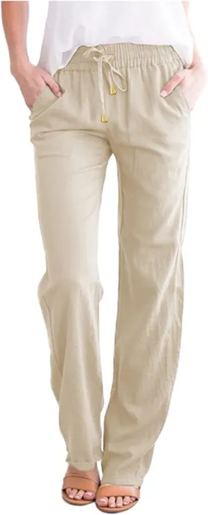 Women Linen Summer Breathable Palazzo Pants Low Waist Bootcut Slim-Fit Pants Business Work