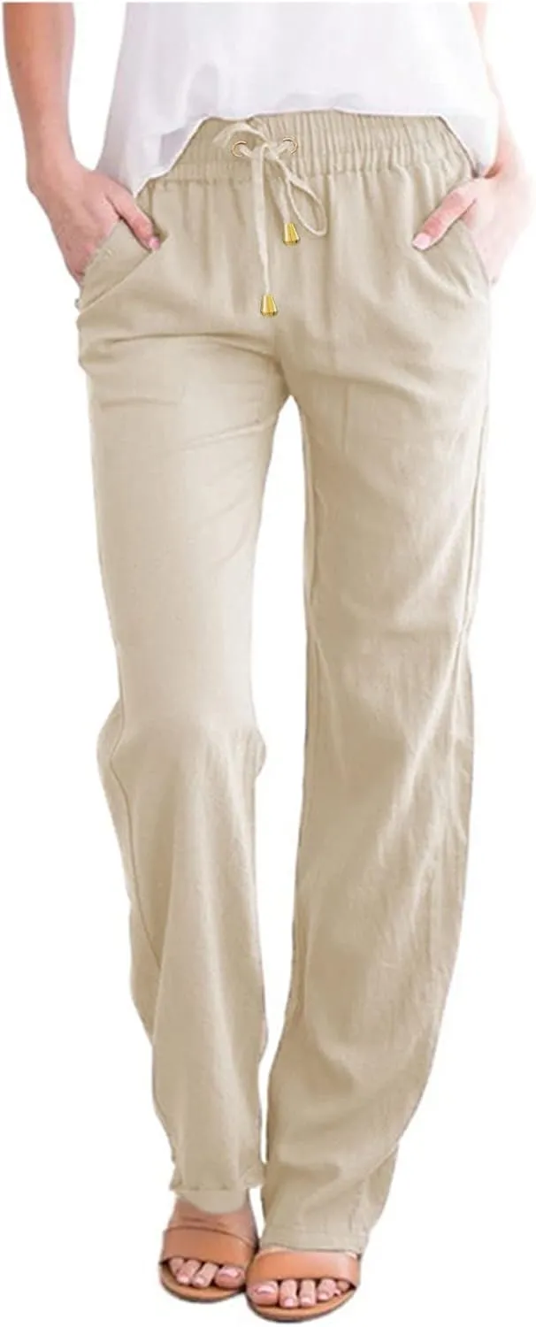 Women Linen Summer Breathable Palazzo Pants Low Waist Bootcut Slim-Fit Pants Business Work