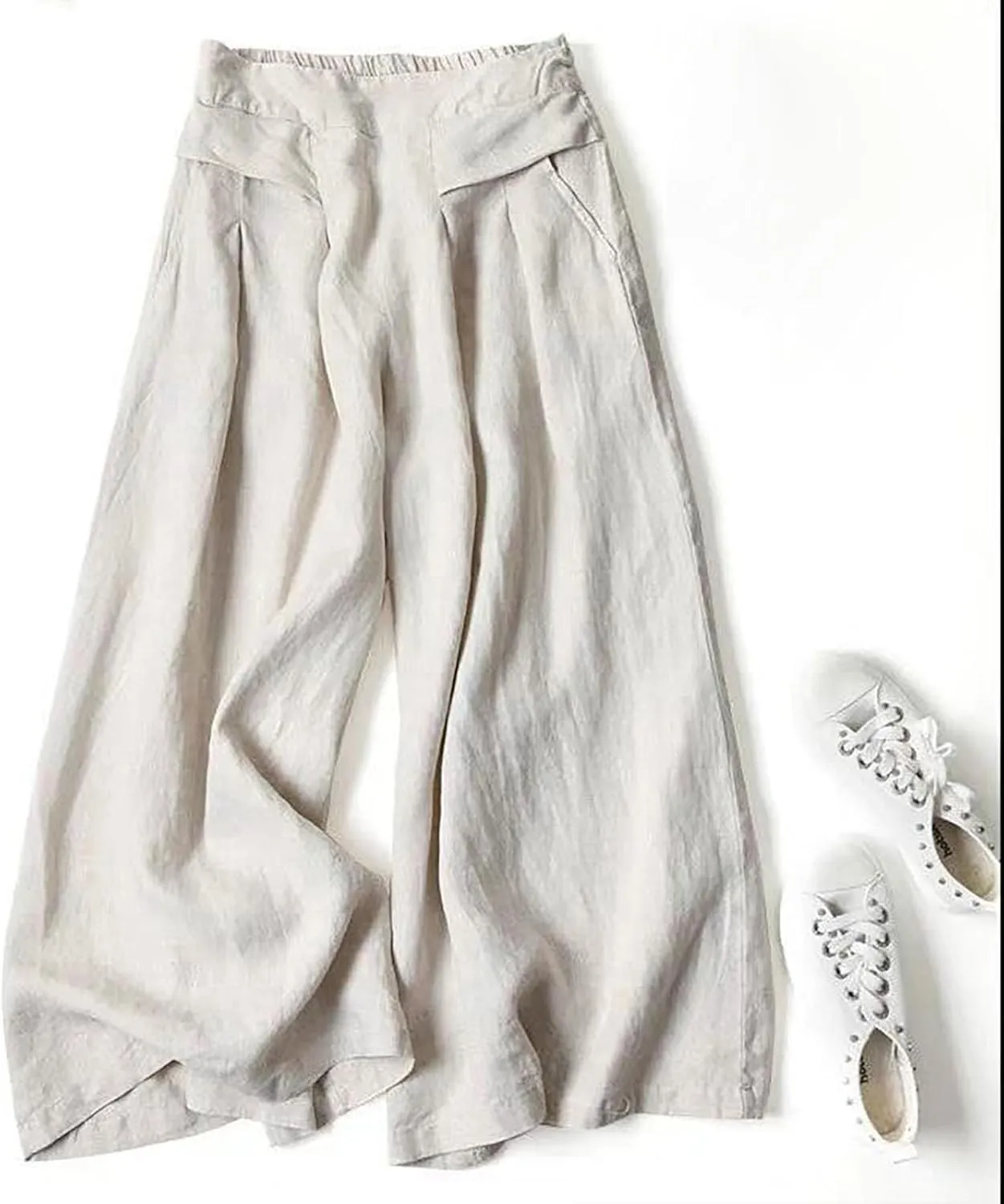 Women Linen Summer Split Flowy Palazzo Pants Low Waist Straight Loose Fit Pant Trousers Office