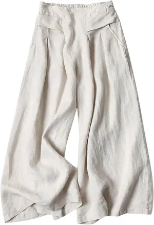 Women Linen Summer Split Flowy Palazzo Pants Low Waist Straight Loose Fit Pant Trousers Office