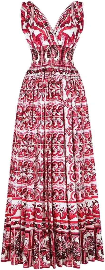 Women Printing Lace Up Dress Camisole Dress Slim Waist and Large Hem Floral Long Skirt
