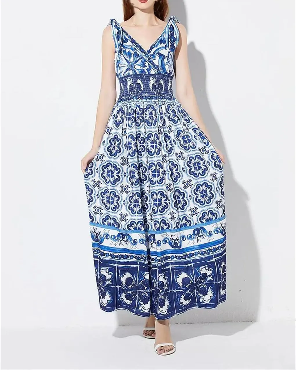 Women Printing Lace Up Dress Camisole Dress Slim Waist and Large Hem Floral Long Skirt