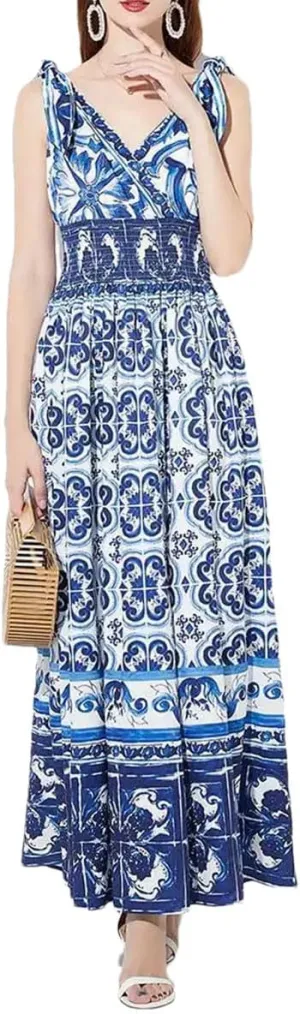 Women Printing Lace Up Dress Camisole Dress Slim Waist and Large Hem Floral Long Skirt