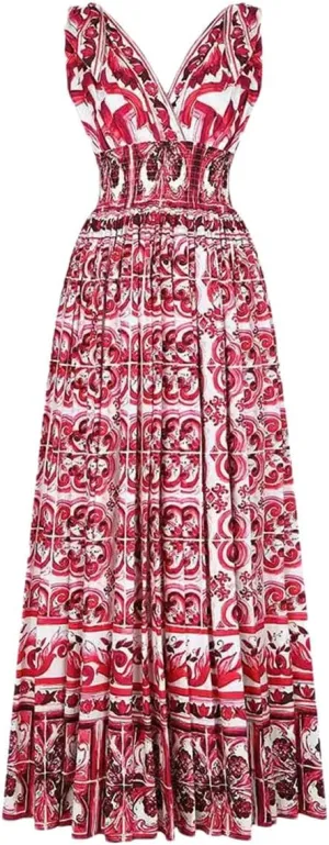 Women Printing Lace Up Dress Camisole Dress Slim Waist and Large Hem Floral Long Skirt