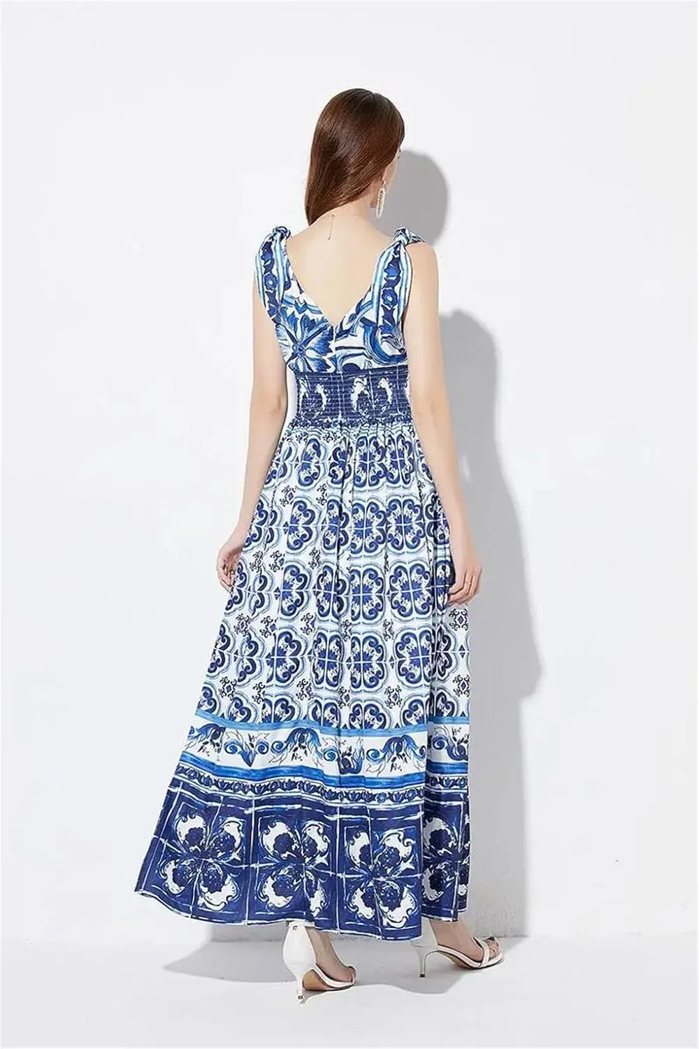 Women Printing Lace Up Dress Camisole Dress Slim Waist and Large Hem Floral Long Skirt