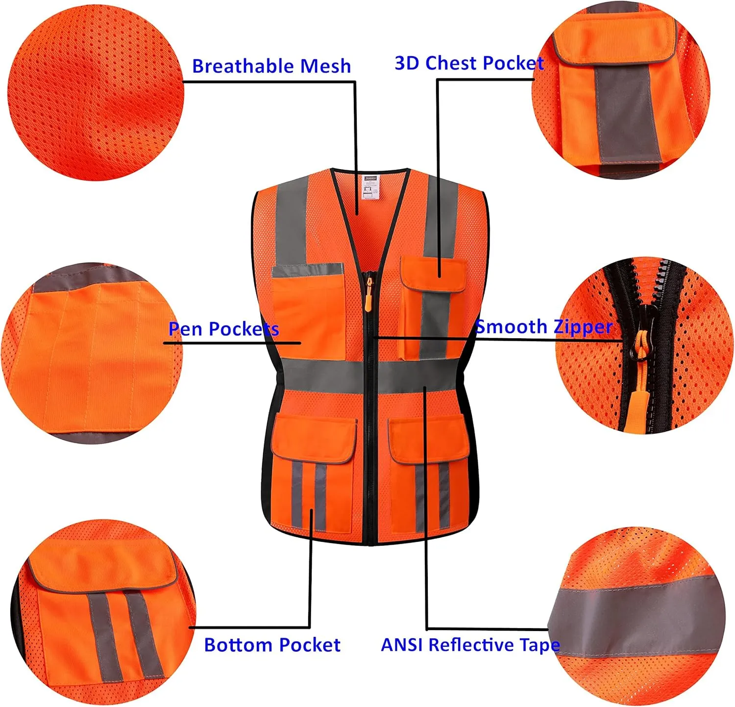Women Safety Vest, Multi Pockets High Visibility Reflective Breathable Mesh Work Vest For Lady, Durable Zipper