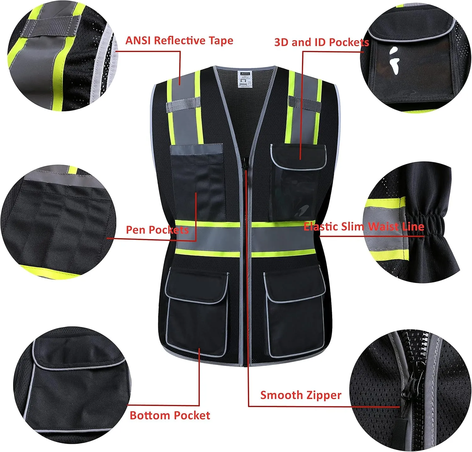 Women Safety Vest, Multi Pockets High Visibility Reflective Breathable Mesh Work Vest For Lady, Durable Zipper