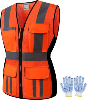 Women Safety Vest, Multi Pockets High Visibility Reflective Breathable Mesh Work Vest For Lady, Durable Zipper