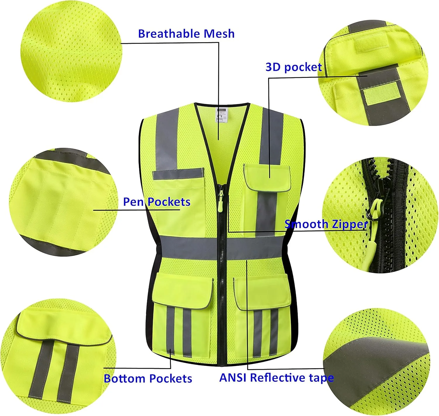 Women Safety Vest, Multi Pockets High Visibility Reflective Breathable Mesh Work Vest For Lady, Durable Zipper