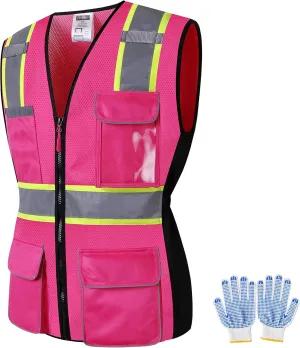 Women Safety Vest, Multi Pockets High Visibility Reflective Breathable Mesh Work Vest For Lady, Durable Zipper