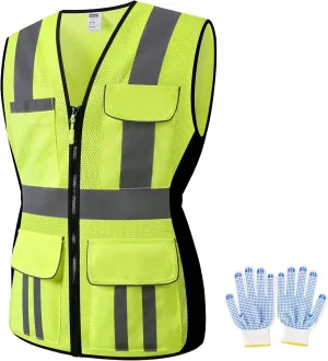 Women Safety Vest, Multi Pockets High Visibility Reflective Breathable Mesh Work Vest For Lady, Durable Zipper