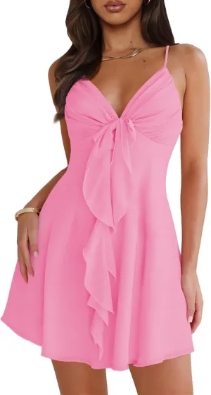 Women Sleeveless Sexy V Neck Summer Dress for Women Casual Flowy Beach Club Party Spaghetti Strap Mini Sundress