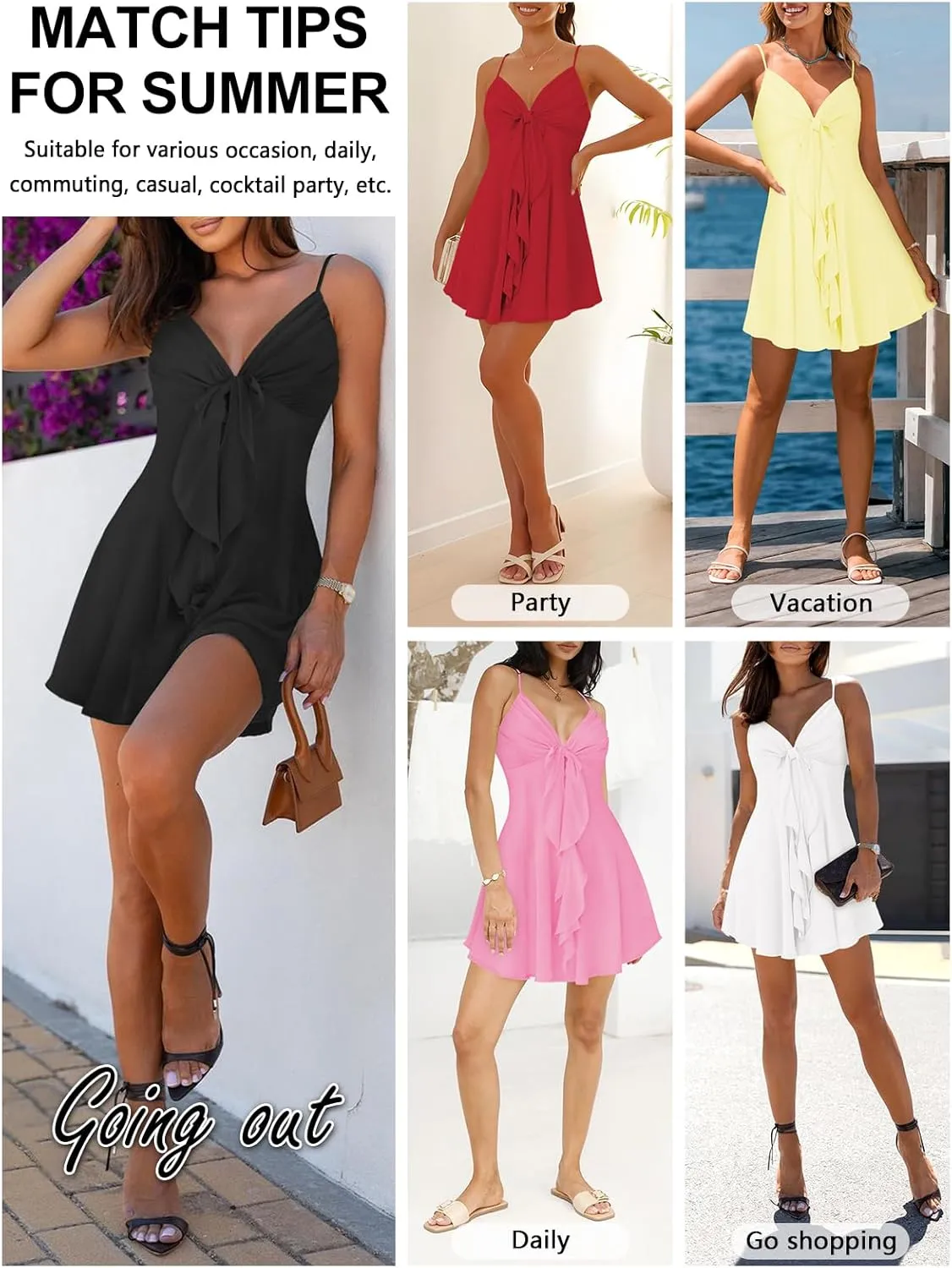 Women Sleeveless Sexy V Neck Summer Dress for Women Casual Flowy Beach Club Party Spaghetti Strap Mini Sundress