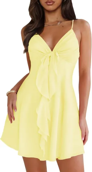 Women Sleeveless Sexy V Neck Summer Dress for Women Casual Flowy Beach Club Party Spaghetti Strap Mini Sundress