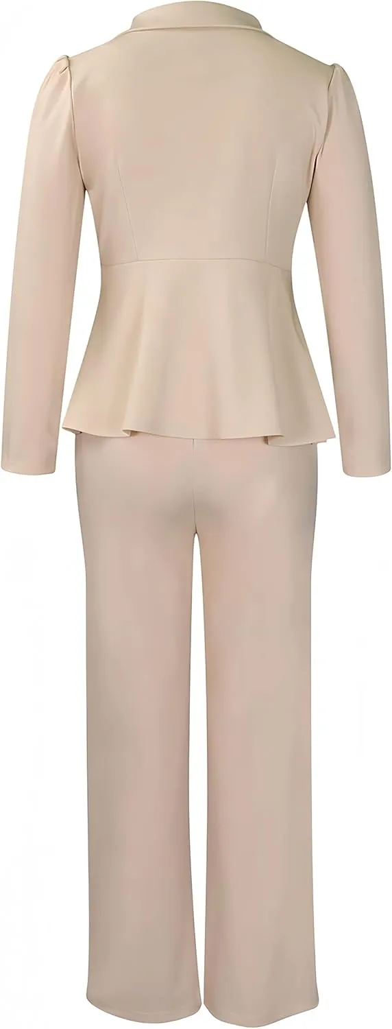 Women Suit Jacket 2 Piece Ruffle Blazer with Wide Leg Pants Suit Long Sleeve Business Casual Outfits