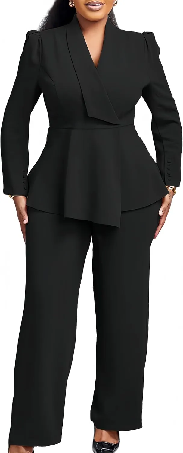 Women Suit Jacket 2 Piece Ruffle Blazer with Wide Leg Pants Suit Long Sleeve Business Casual Outfits
