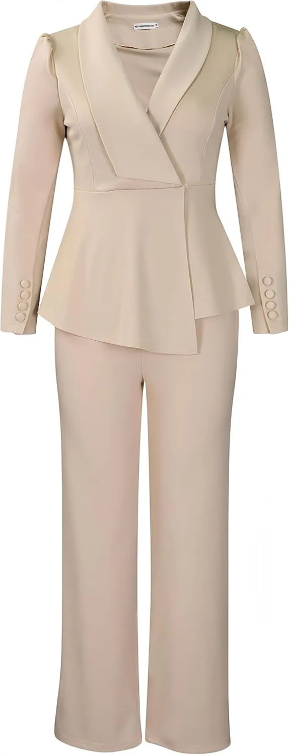Women Suit Jacket 2 Piece Ruffle Blazer with Wide Leg Pants Suit Long Sleeve Business Casual Outfits