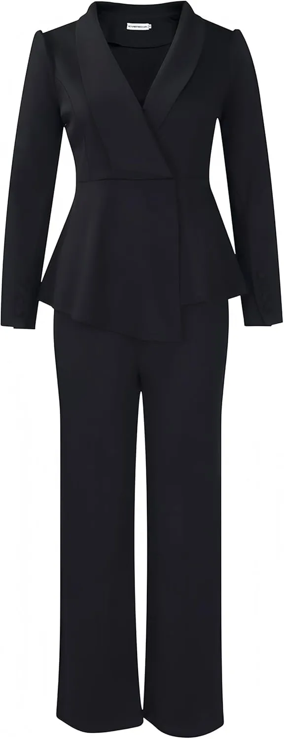 Women Suit Jacket 2 Piece Ruffle Blazer with Wide Leg Pants Suit Long Sleeve Business Casual Outfits